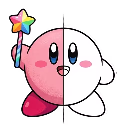 A split-view illustration of Kirby holding a Star Rod; the left side is fully colored in his classic pink, while the right side is a black and white line art coloring page