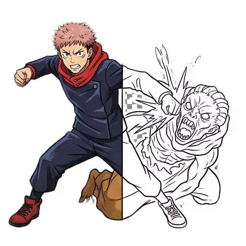 A split-view illustration of Yuji Itadori from Jujutsu Kaisen in a combat stance; the left side is fully colored in his school uniform, while the right side features a cursed spirit as a black and white line art coloring page.