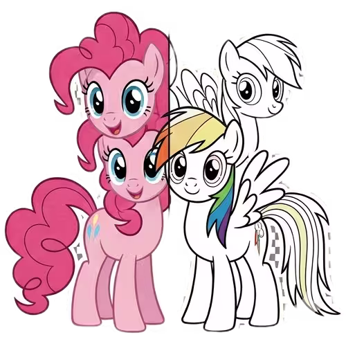 A split-view illustration of Pinkie Pie and Rainbow Dash; the left side features Pinkie Pie in vibrant pink, while the right side shows Rainbow Dash as a black and white line art coloring page.