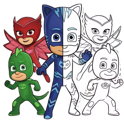 A split-view illustration of the PJ Masks team; the left side shows Catboy, Owlette, and Gekko in full color, while the right side is a black and white line art coloring page.