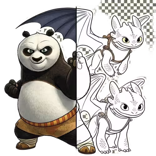 A split-view illustration featuring Po from Kung Fu Panda and Toothless from How to Train Your Dragon; the left side shows Po in full color, while the right side shows Toothless as a black and white line art coloring page.