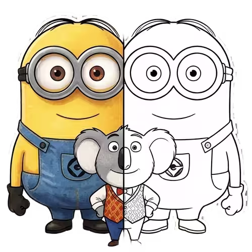A split-view illustration featuring a Minion and Buster Moon from Sing; the left side is fully colored, while the right side is a black and white line art coloring page.