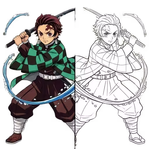 A split-view illustration of Tanjiro Kamado performing a Water Breathing attack with his sword; the left side is fully colored with his green and black haori, while the right side is a black and white line art coloring page.