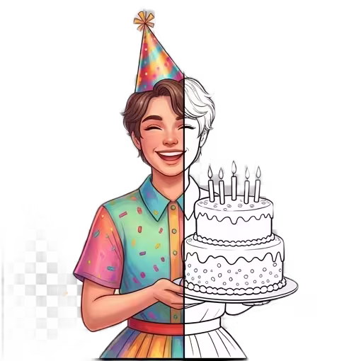 A split-view illustration for a Birthday theme; the left side is fully colored with a person wearing a party hat and holding a cake, while the right side is a black and white line art coloring page