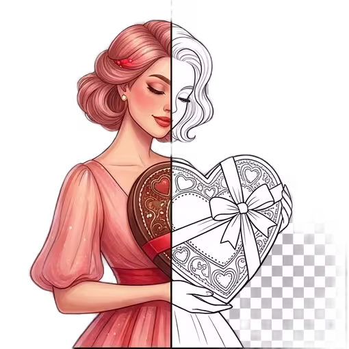 A split-view illustration for Valentine's Day; the left side is fully colored showing a woman in a red dress holding a heart-shaped chocolate box, while the right side is a black and white line art coloring page