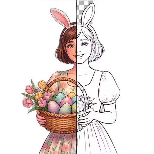 A split-view illustration for Easter; the left side is fully colored showing a girl with bunny ears holding a basket of Easter eggs, while the right side is a black and white line art coloring page
