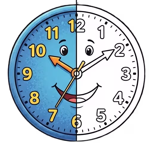 A split-view illustration of a friendly wall clock with a face; the left side is colored in blue and yellow, while the right side is a black and white line art coloring page