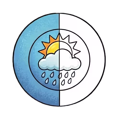 A split-view illustration of a weather circle; the left side is fully colored with a sun, cloud, and raindrops, while the right side is a clean black and white line art coloring page