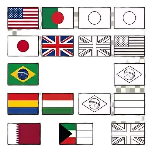 A split-view illustration of various world flags; the left side shows the flags in their correct full colors, while the right side displays them as black and white line art coloring pages