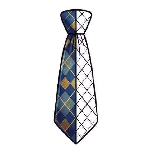 A split-view illustration of a classic necktie; the left side features a colored blue and gold diamond pattern, while the right side is a black and white line art coloring page