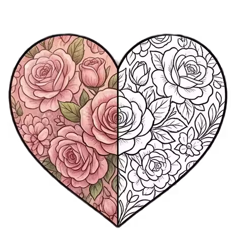 A split-view illustration of a large heart filled with roses; the left side is fully colored in soft pink and green tones, while the right side is a detailed black and white line art coloring page