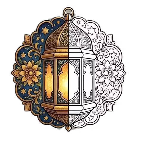 A split-view illustration of an ornate Islamic lantern (Fanous); the left side is richly colored in gold and deep blue with a glowing light inside, while the right side is a detailed black and white line art coloring page