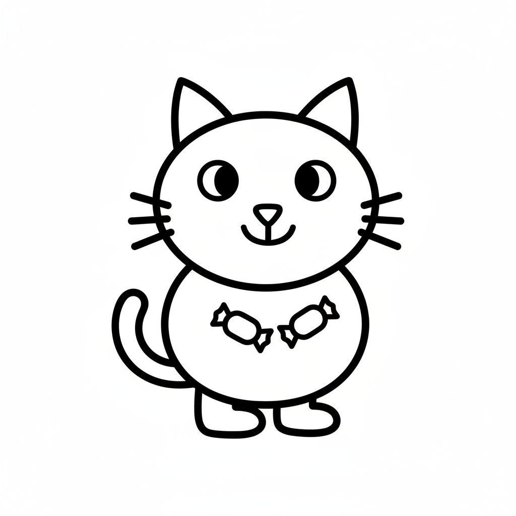 Picture of a printable coloring page showing Candy Cat, level easy