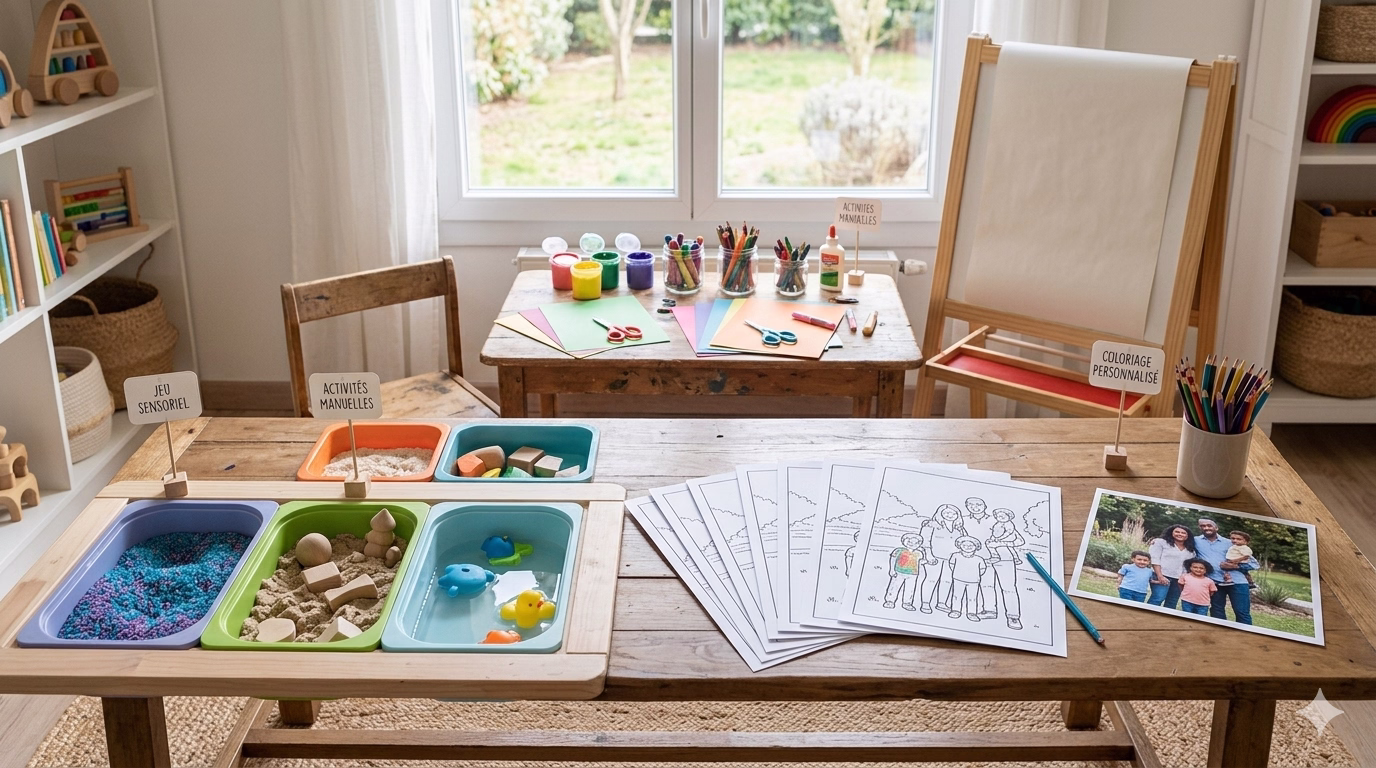 A sunlit children's playroom with a large wooden table featuring three activity stations: a sensory bin with colored sand and water toys, a stack of custom family photo coloring pages, and a family photograph. In the background, art supplies, a second small desk with colorful paper, and a white wooden easel stand near a window overlooking a garden.