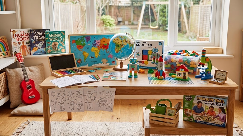 A curated display of ten educational gift ideas for children, featuring a diverse range of science kits, world exploration tools, musical instruments, and arts and crafts, set in a cozy, sunlit playroom.