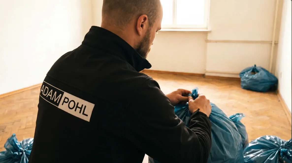 Mitarbeiter von Adam Pohl verschließt blaue Entsorgungssäcke in einer geräumten Wohnung