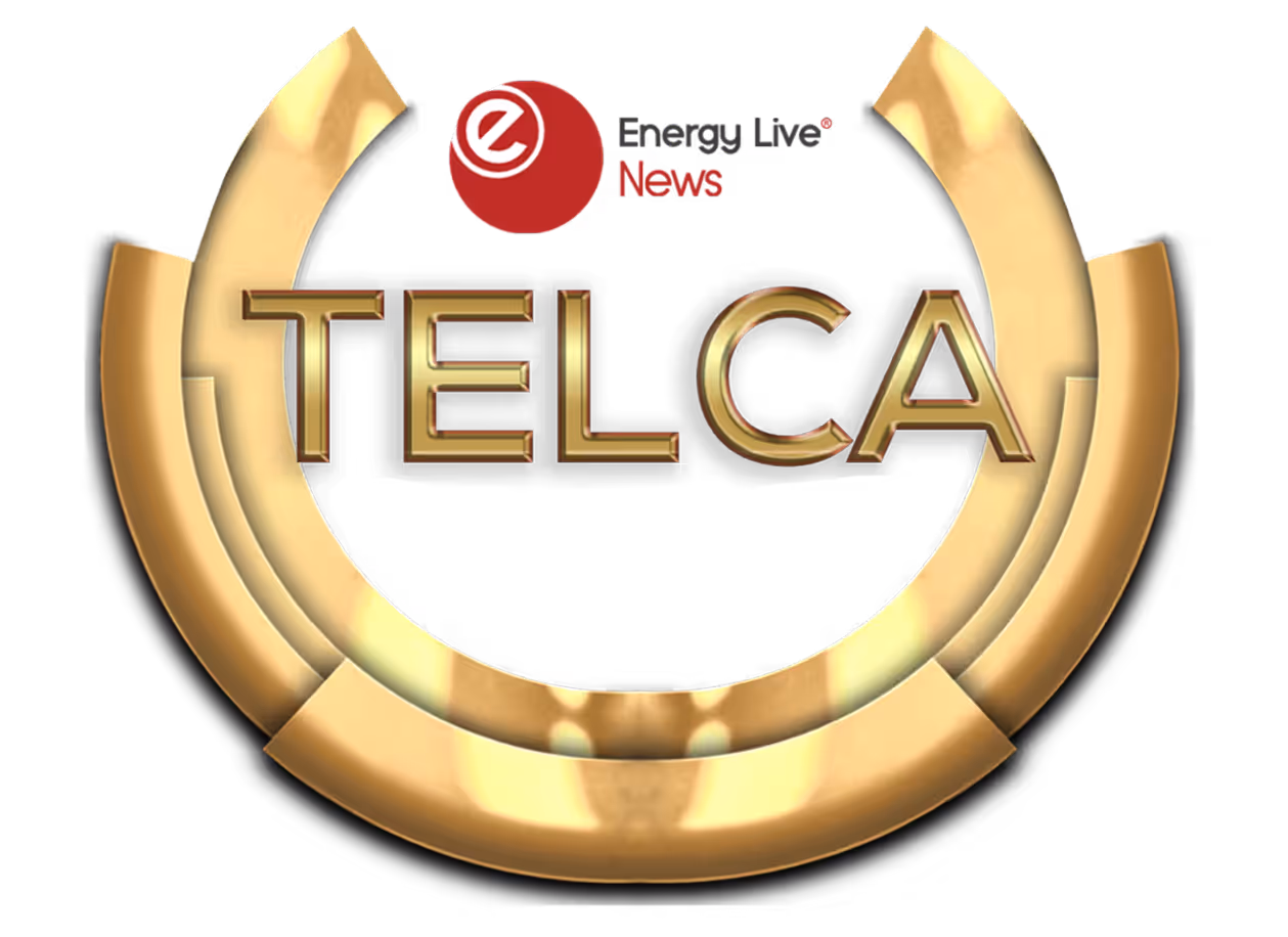 Golden circular emblem with the word TELCA in the center and a small red Energy Live News logo above.