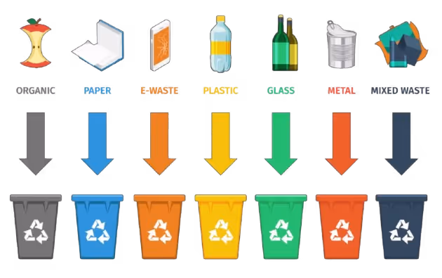 Infographic showing waste types—organic, paper, phone, plastic, glass, metal, mixed waste—with colored arrows pointing to matching recycling bins.