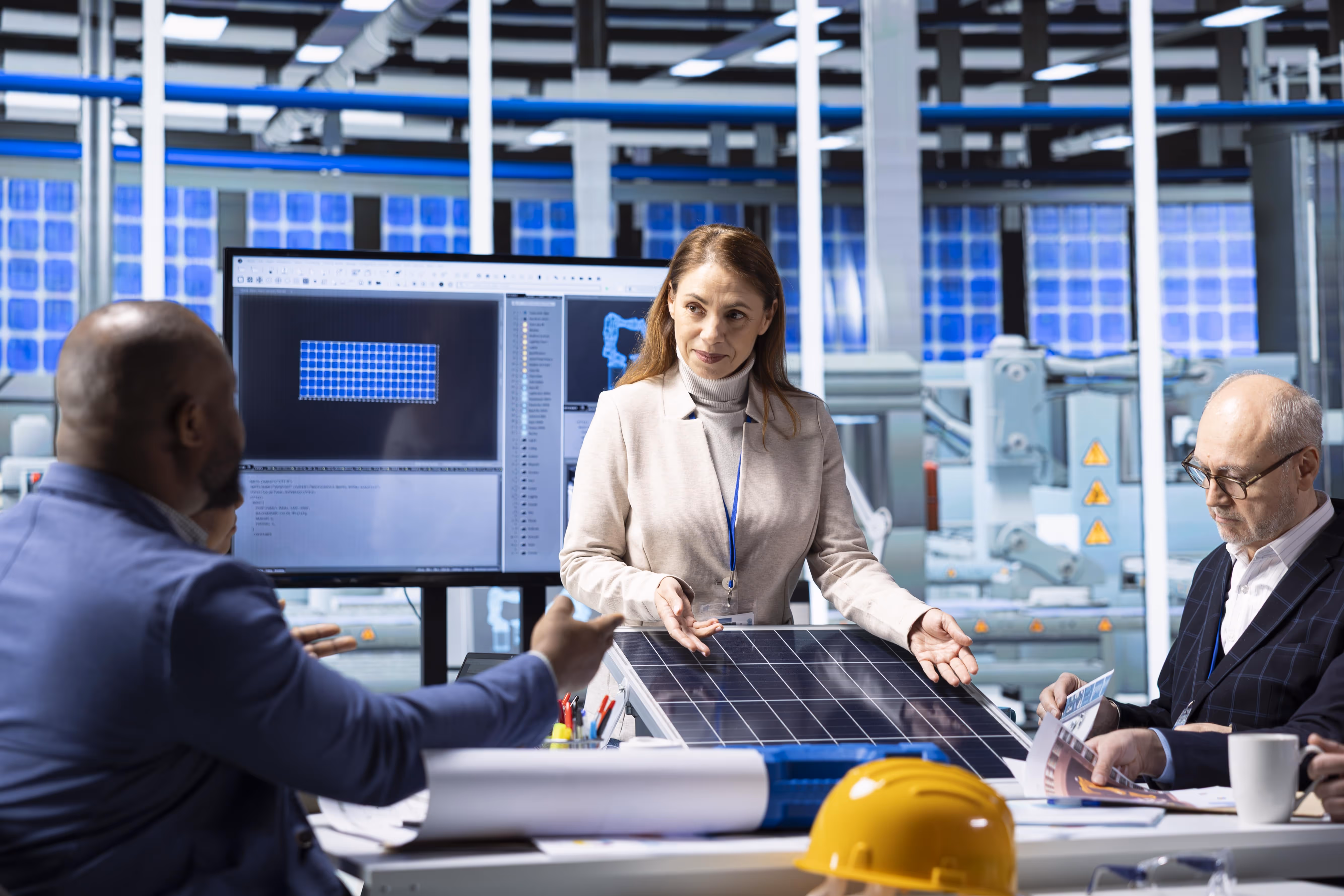 Businesswoman presenting a solar panel to colleagues in a modern industrial meeting room with a screen showing solar panel design.