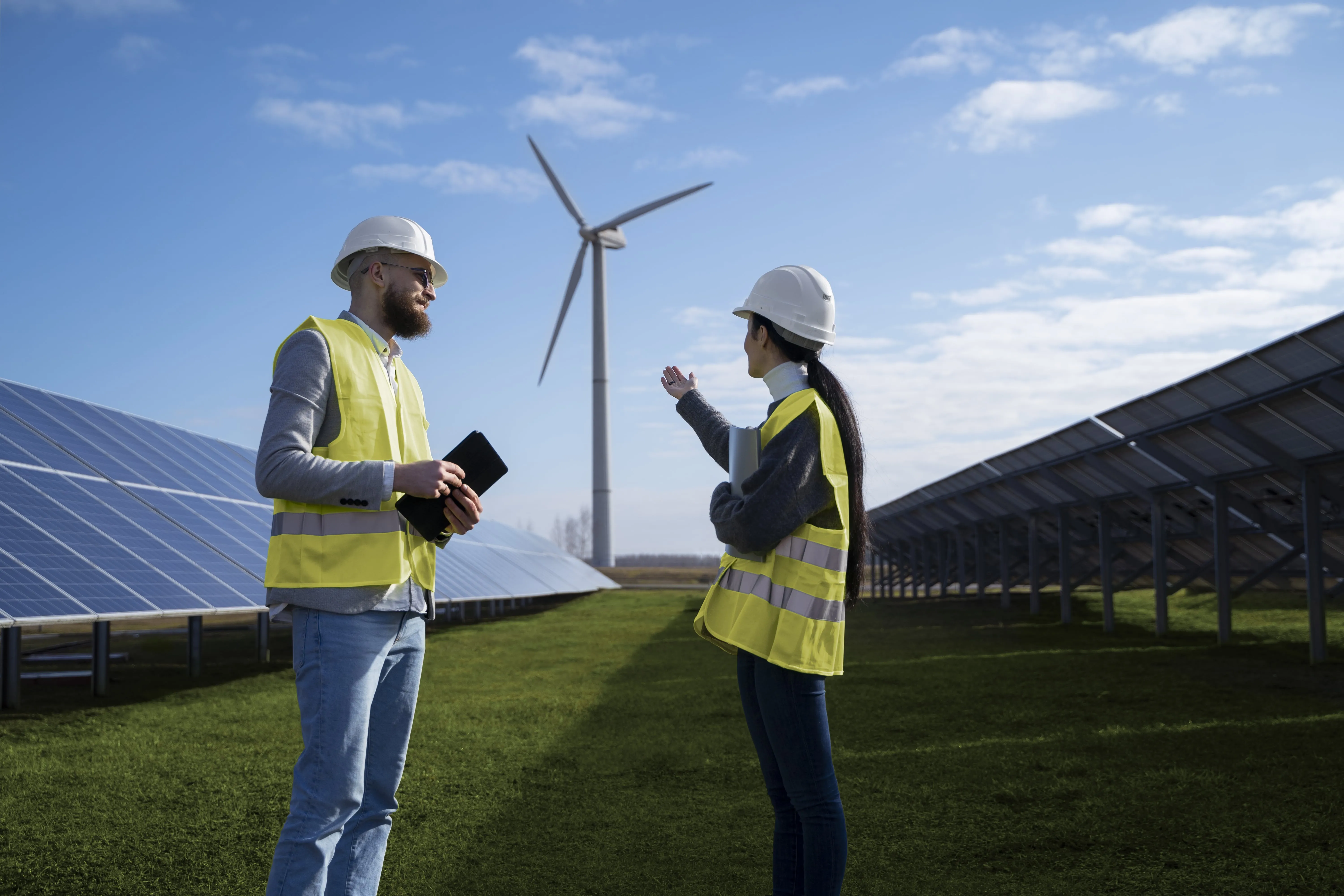 Two energy specialists in safety helmets and vests discussing at a renewable energy site with solar panels and a wind turbine.
