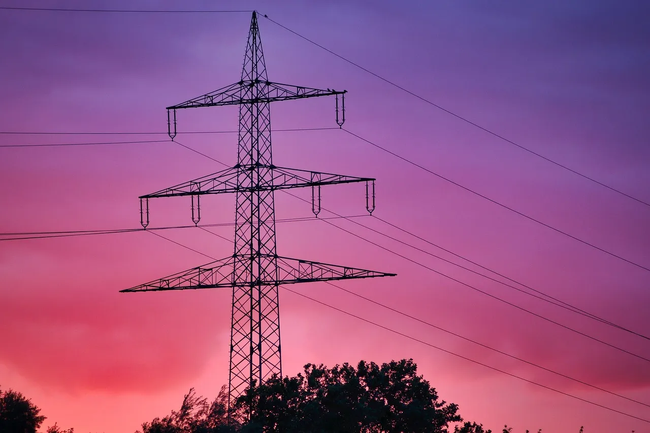 Silhouette of an electricity transmission tower against a pink and purple sunset sky with trees at the bottom.