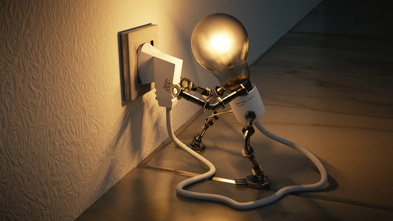 A light bulb with mechanical arms and legs plugging a thick white power cord into a wall socket, illuminating the surrounding area.