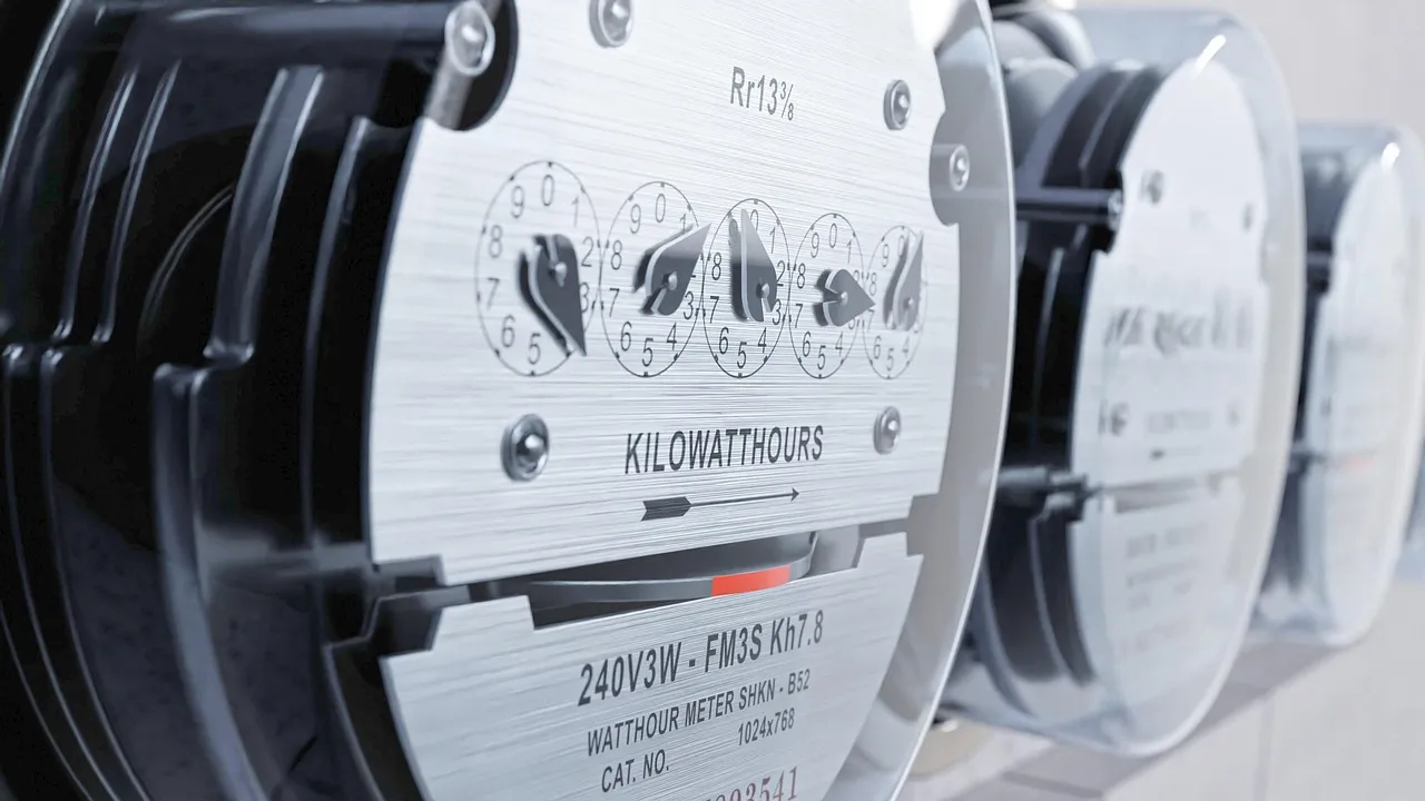 Close-up of analog electricity meters with dials displaying kilowatt hours.