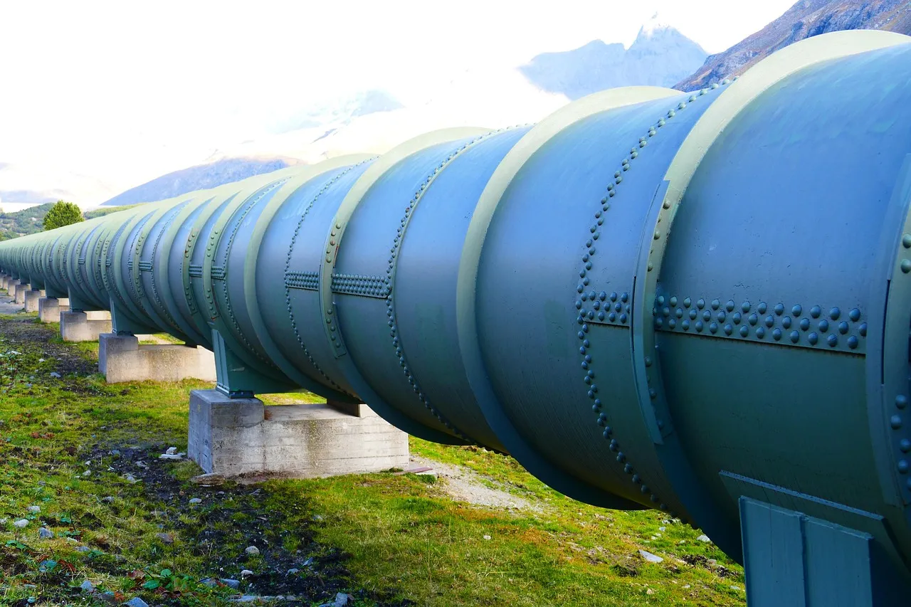 Large green industrial pipeline with riveted segments extending over a grassy field towards distant mountains.