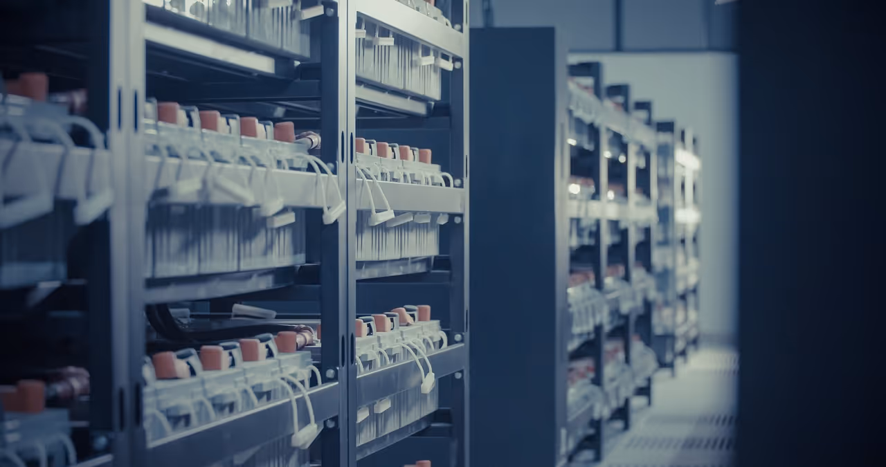 Rows of industrial battery storage units with connected cables in a clean facility.