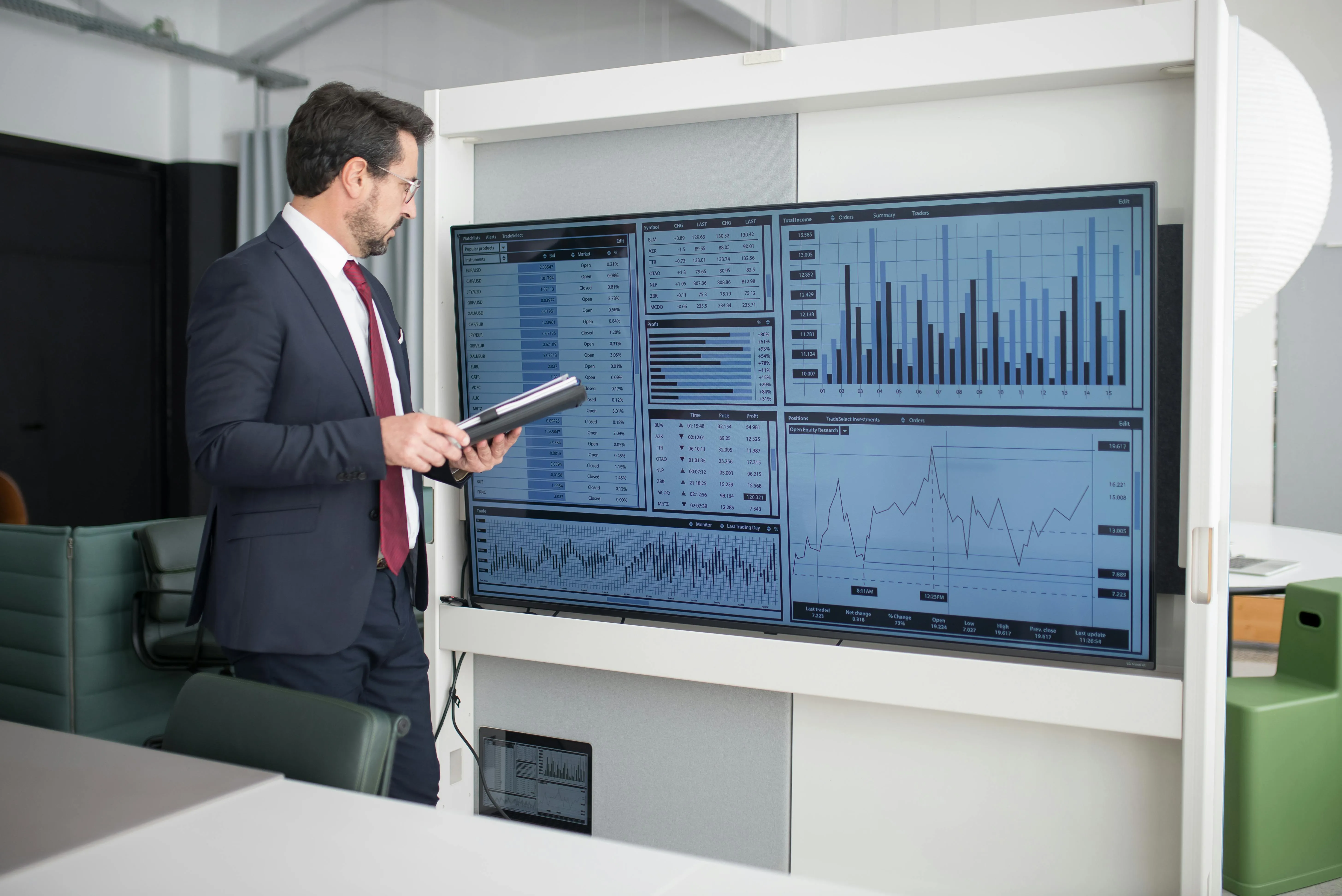 Businessman in suit reviewing documents while looking at a large screen displaying multiple financial charts and data.