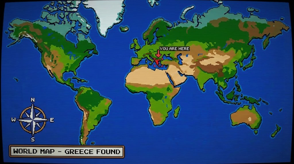 Retro pixel art world map displayed with CRT scanlines. Greece is highlighted in red in the Mediterranean, indicated by an arrow and the label "YOU ARE HERE." A bottom text box reads "WORLD MAP - GREECE FOUND".
