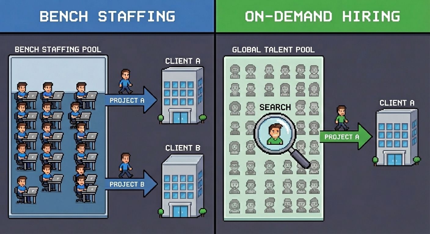 Split-screen image. Left side shows a staff pool of developers at desks and arrows sending them to buildings labeled Client A and Client B. Right side shows a global talent pool of developer icons, a magnifying glass selecting one developer, and an arrow pointing to a building labeled Client A.