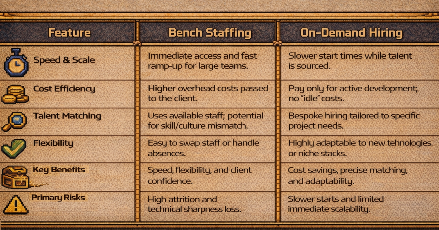 Table comparing bench staffing and on-demand hiring. Three columns labeled Feature, Bench Staffing, and On-Demand Hiring. Rows list Speed & Scale, Cost Efficiency, Talent Matching, Flexibility, Key Benefits, and Primary Risks.