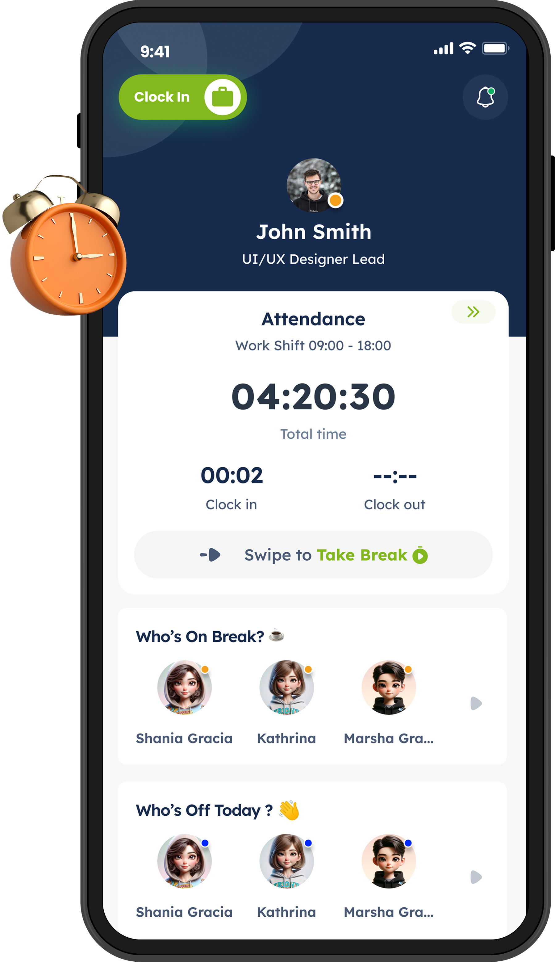 Mobile attendance app screen showing John Smith, UI/UX Designer Lead, with work shift 09:00 to 18:00, total time 4 hours 20 minutes, Clock In at 00:02, swipe to Take Break, and lists of users on break and off today.