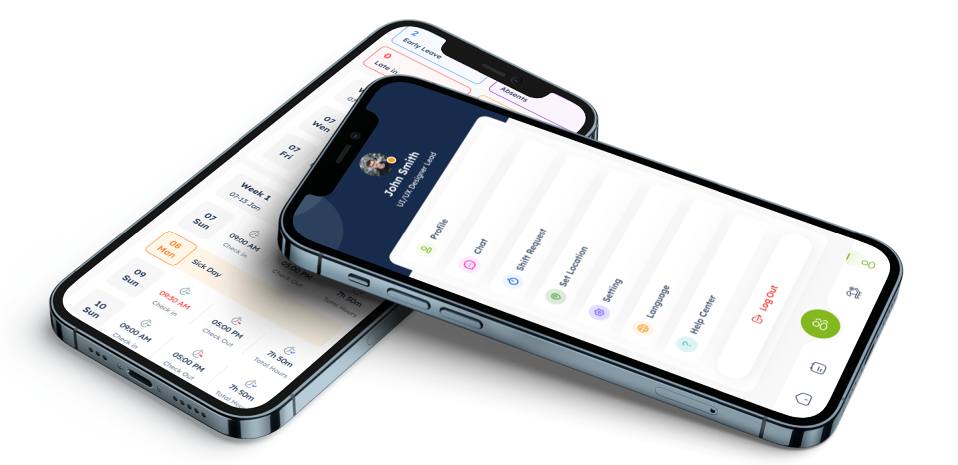 Two smartphones displaying a time tracking app with user profile, check-in/out times, total hours, and menu options including profile, chat, shift request, and settings.