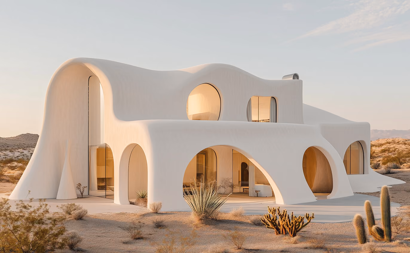 Modern white curved house with large arched windows and doors situated in a desert landscape with cacti and dry bushes.