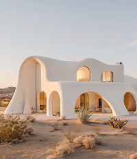 Modern white house with smooth curved architecture in a desert landscape during daylight.