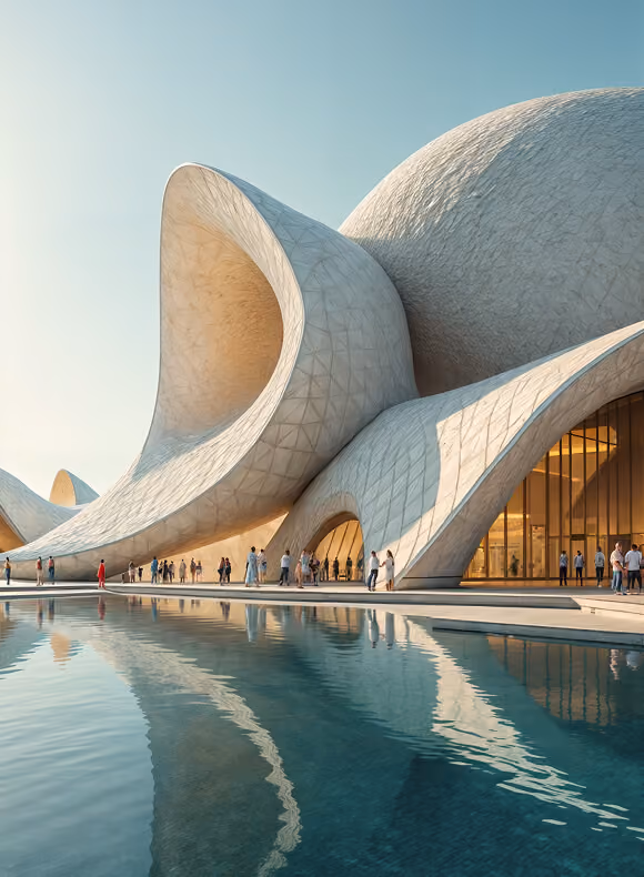 Curved, modern architectural building with smooth white surfaces, large glass windows, and a reflecting pool in front with people walking nearby.