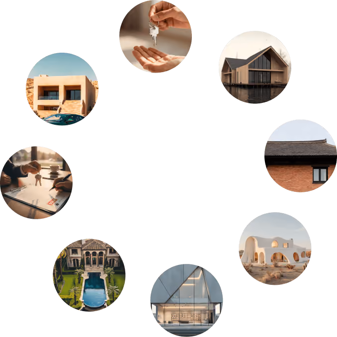 Five circular images showing a modern house with car, hand giving keys, lakeside cabin, brick house facade, and signing a real estate contract with keys on table.