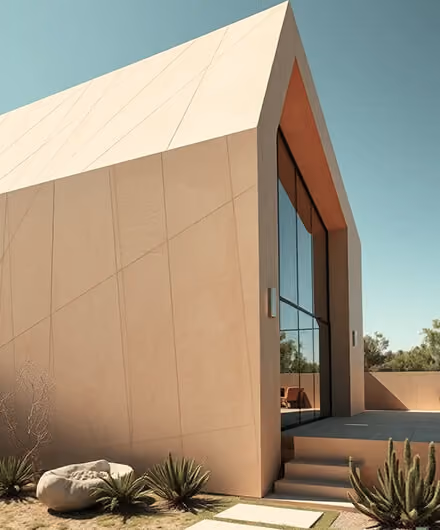 Modern, beige triangular building with large glass windows, surrounded by desert landscaping under a clear sky.