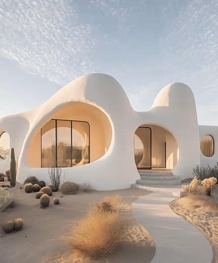 Modern white curved house with large rounded windows surrounded by desert plants and cacti under a partly cloudy sky.