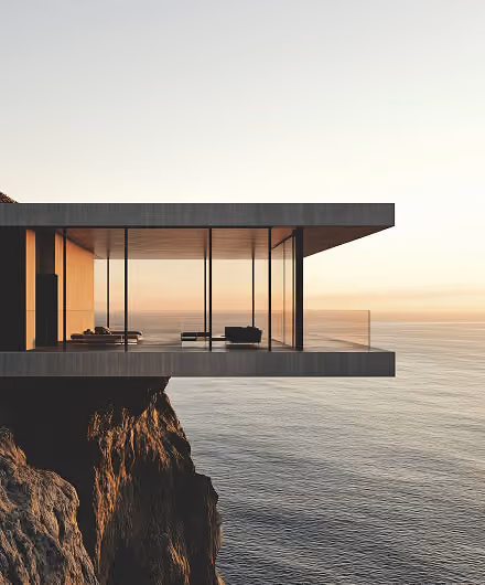 Modern glass house cantilevered over rocky cliff overlooking calm ocean at sunset.