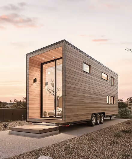 Modern tiny house on wheels with wood panel exterior and large front glass door, set on a driveway at sunset.
