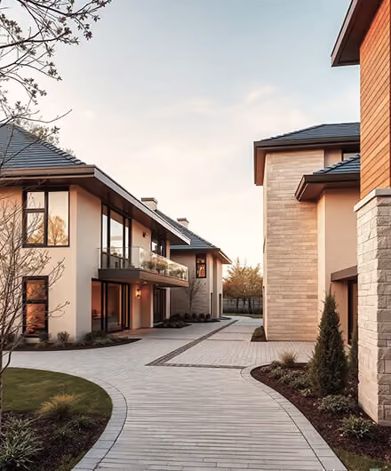 Modern residential houses with large windows, balconies, and a curved paved walkway amid landscaping at sunset.