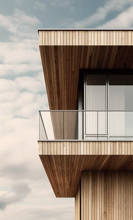 Close-up of a modern building corner with wooden paneling and glass balcony against a cloudy sky.