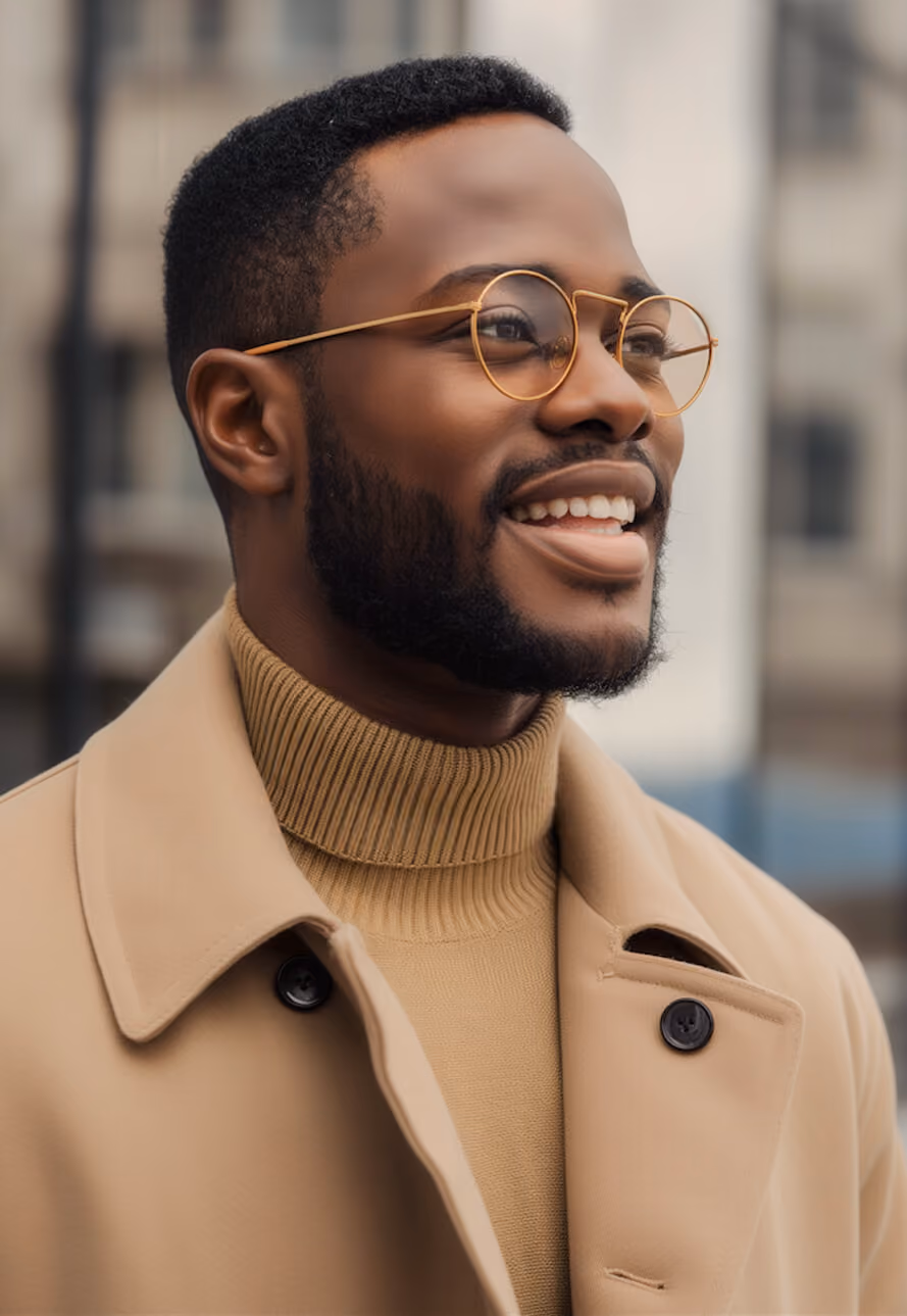 Smiling young man wearing round glasses, a beige turtleneck sweater, and a beige coat.