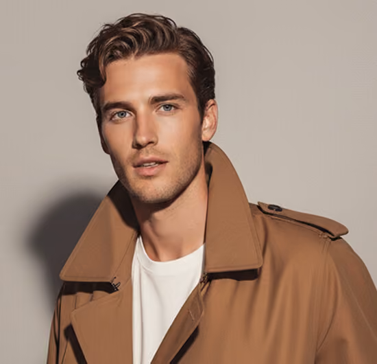 Young man with wavy brown hair wearing a brown trench coat over a white shirt standing against a plain background.