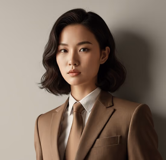 Portrait of a woman with shoulder-length dark hair wearing a brown suit, white shirt, and brown tie, standing against a neutral background.
