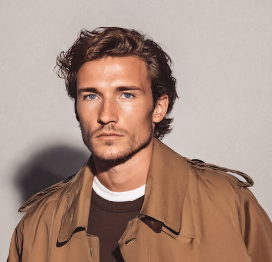 Portrait of a young man with blue eyes and wavy brown hair wearing a tan coat over a dark brown shirt.