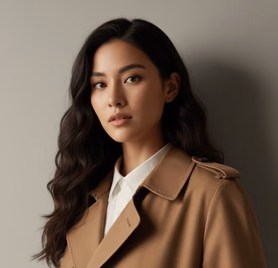 Woman with long wavy dark hair wearing a beige trench coat over a white shirt, looking at the camera.